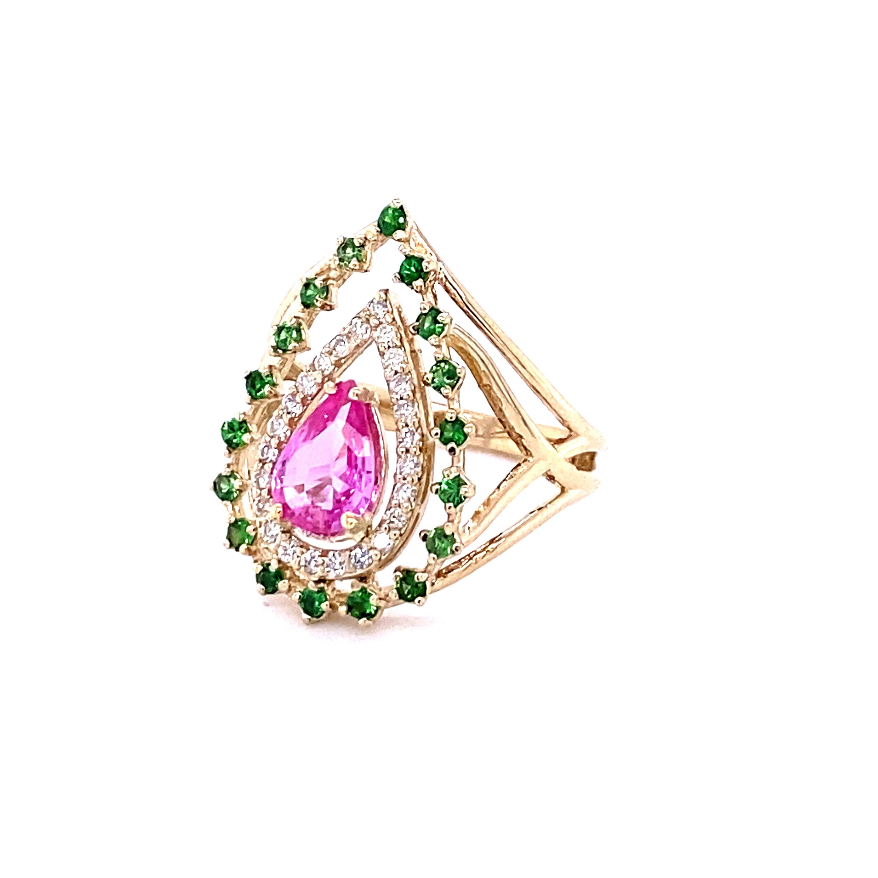 Contemporary 1.52 Carat Pink Sapphire Tsavorite Diamond 14 Karat Yellow Gold Cocktail Ring  For Sale