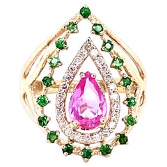 Bague cocktail en or jaune 14 carats avec saphir rose 1,52 carat, tsavorite et diamants