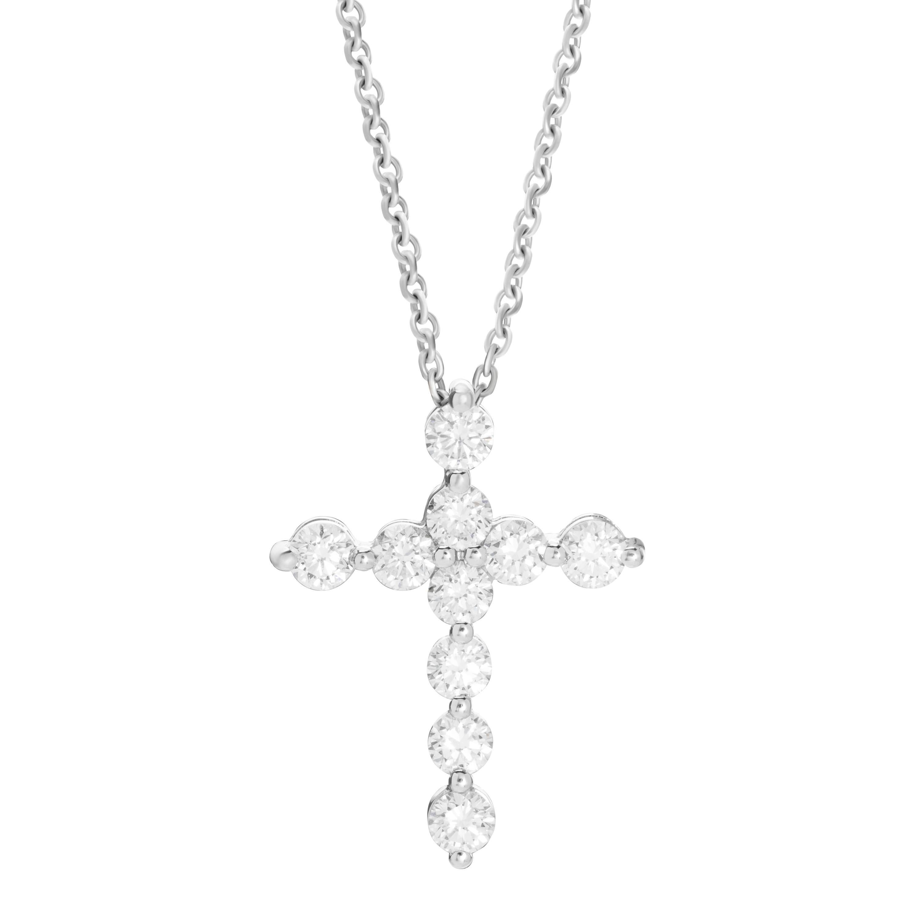 18-karat white gold necklace features a cross pendant accented by 1.52 carats of round brilliant cut diamonds.  Chain length 16 inches.  Pendant height 2.5cm, pendant width 2cm. 

Composition:
18K White Gold
10 Round Diamonds: 1.52 carats
Diamond