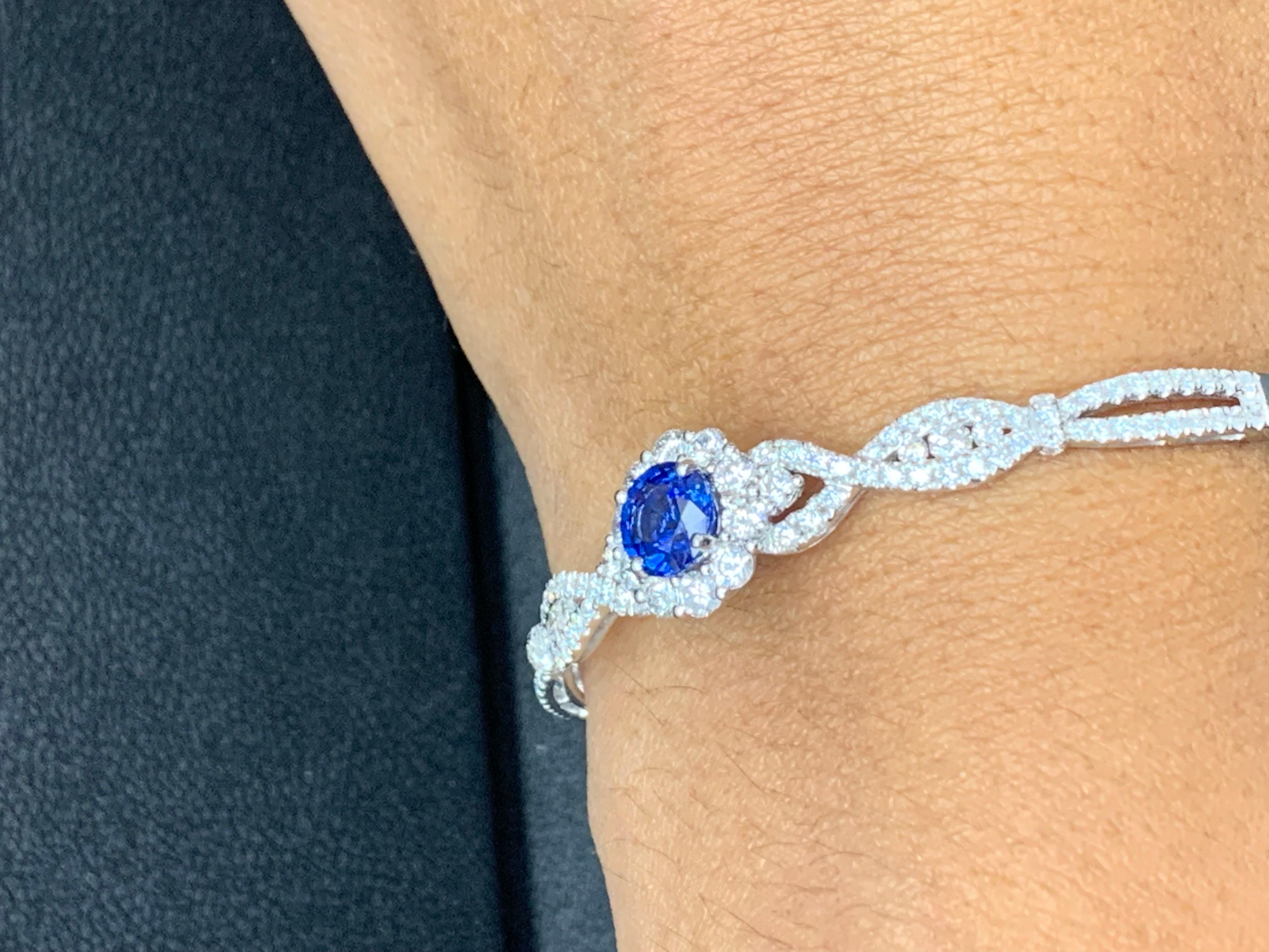 Modern 1.52 Carat Round cut Sapphire and Diamond Bangle Bracelet in 18K White Gold For Sale