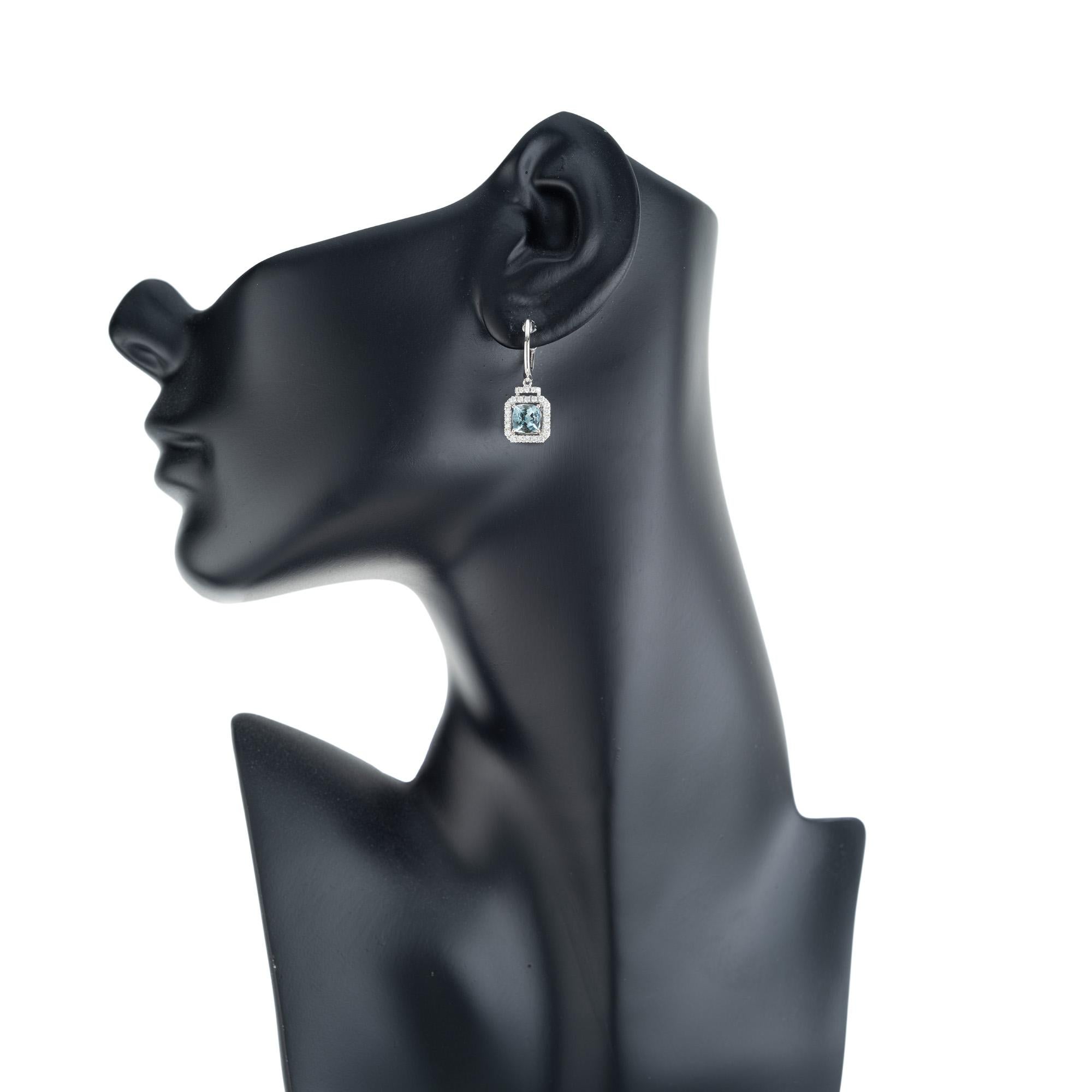Women's 1.52 Carat Square Aquamarine Diamond Halo White Gold Earrings  For Sale