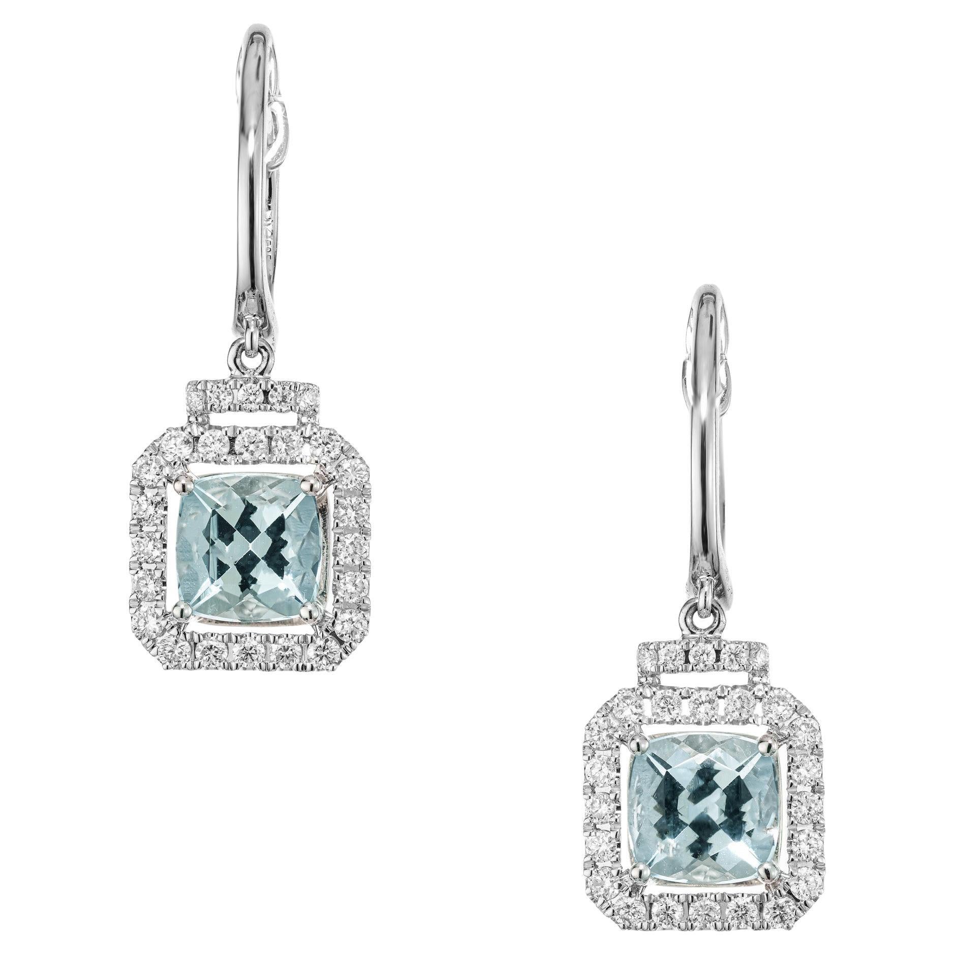 1.52 Carat Square Aquamarine Diamond Halo White Gold Earrings  For Sale