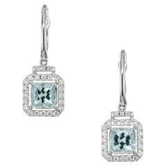 1.52 Carat Square Aquamarine Diamond Halo White Gold Earrings 