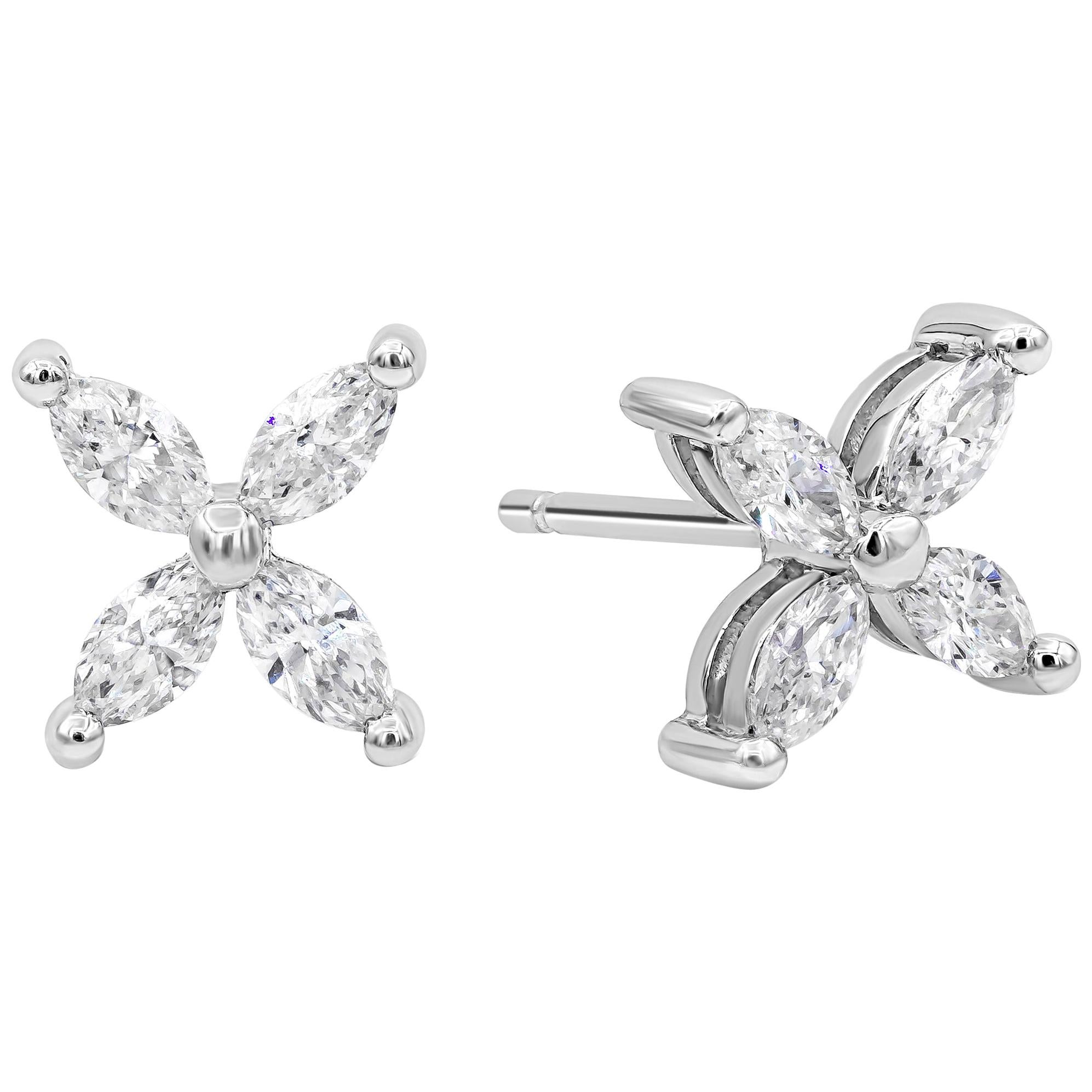 Unique style earrings showcasing marquise cut diamonds set like an elegant flower design. Diamonds weigh 1.52 carats total and are approximately F color, VS in clarity. Made in 18K white gold.

Roman Malakov is a custom house, specializing in