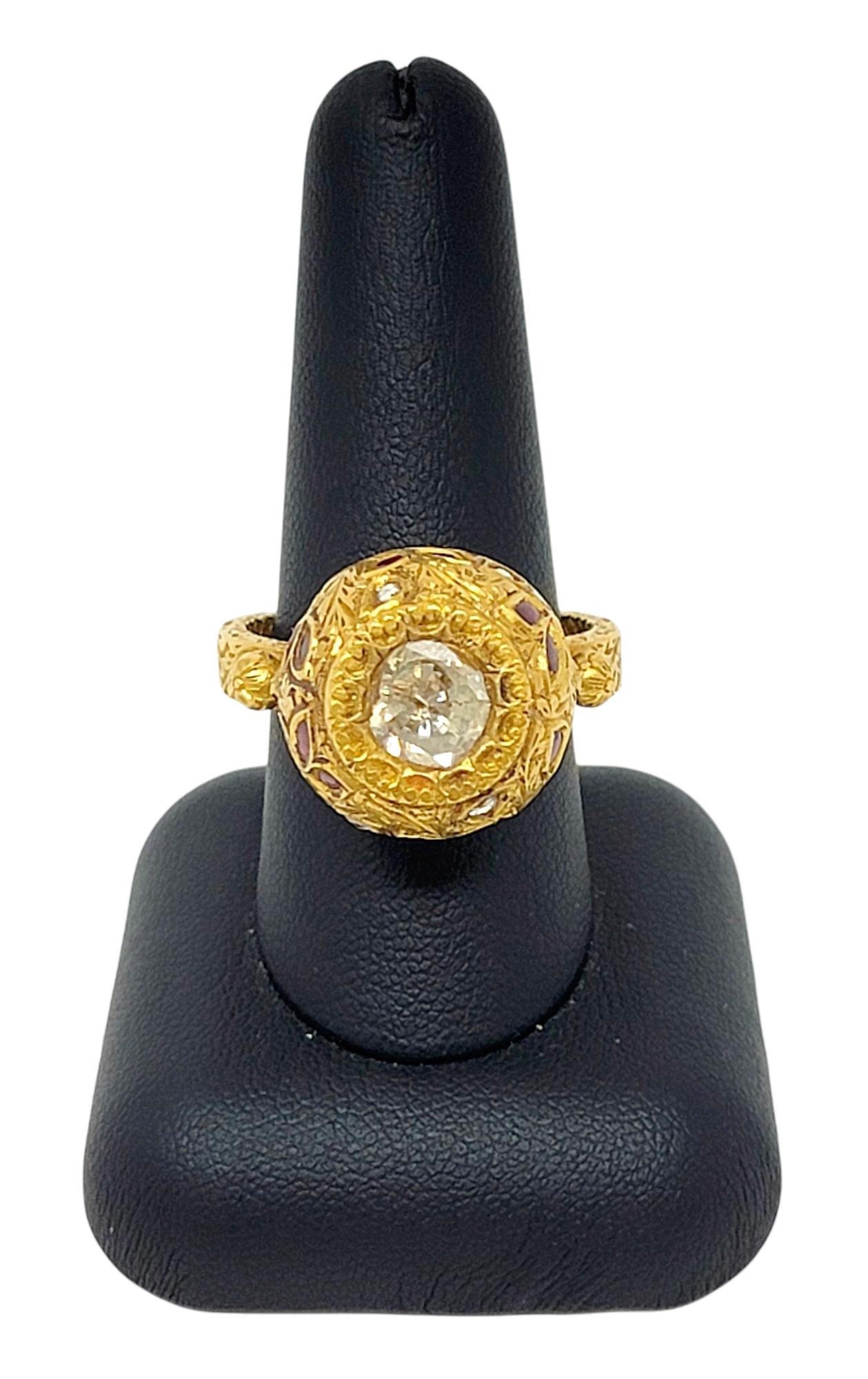 1.52 Carat Total Polki and Rose Cut Diamond Ring 21 Karat Yellow Gold Ornate For Sale 3