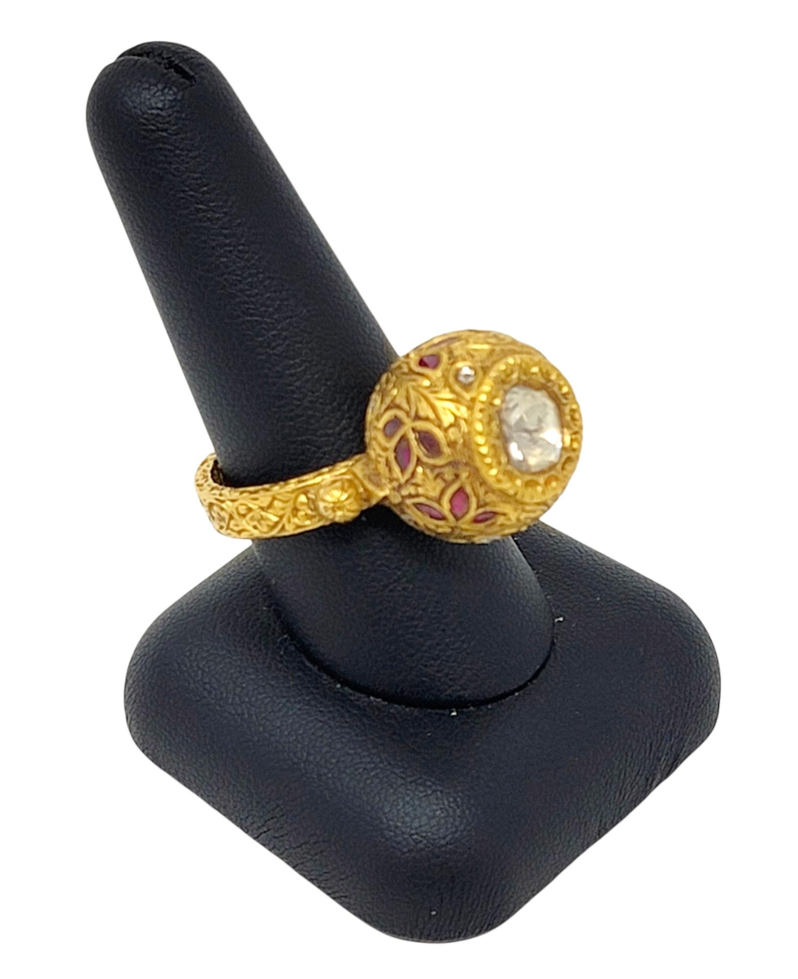 1.52 Carat Total Polki and Rose Cut Diamond Ring 21 Karat Yellow Gold Ornate For Sale 4