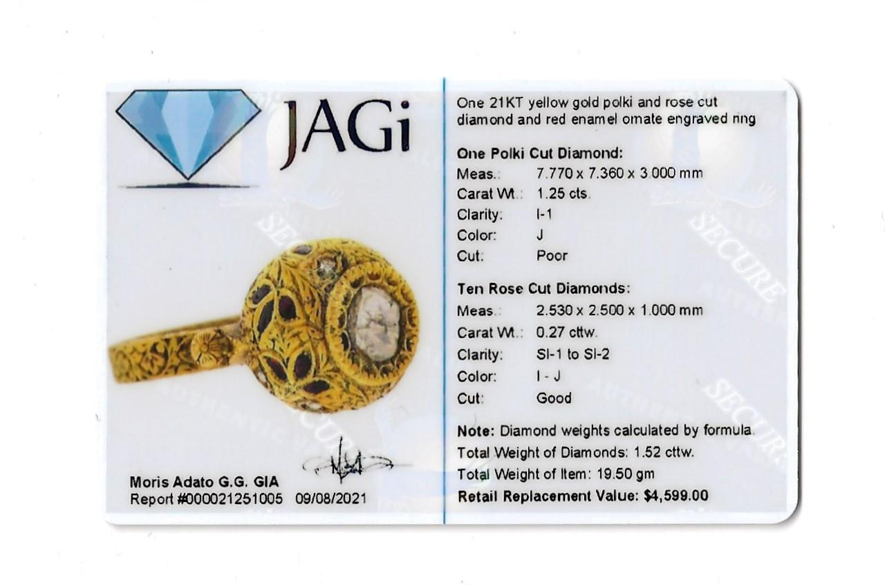 1.52 Carat Total Polki and Rose Cut Diamond Ring 21 Karat Yellow Gold Ornate For Sale 6