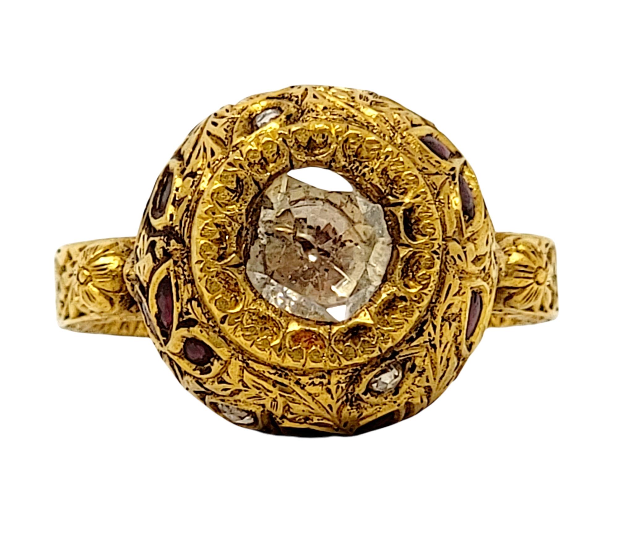 Ring size: 9

Incredible 21 karat yellow gold and diamond Polki ring makes a bold statement. Featuring colorful red enamel detailing paired with ornate engravings, this ring is an absolute work of art. 

Ring Style: Cocktail
Metal: 21 Karat Yellow