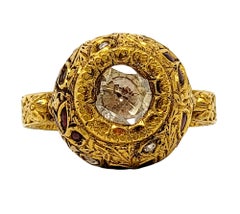 1.52 Carat Total Polki and Rose Cut Diamond Ring 21 Karat Yellow Gold Ornate