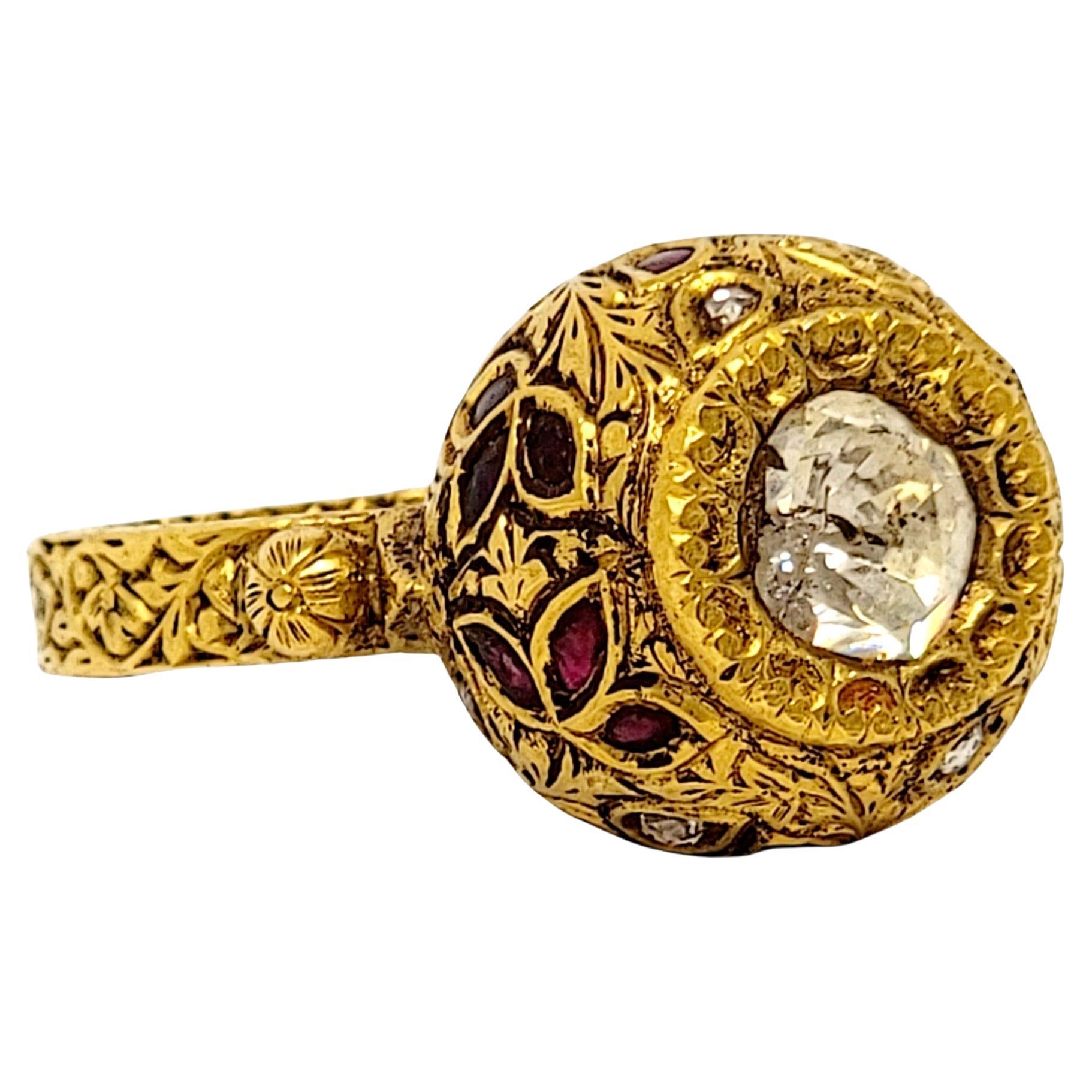 1.52 Carat Total Polki and Rose Cut Diamond Ring 21 Karat Yellow Gold Ornate For Sale