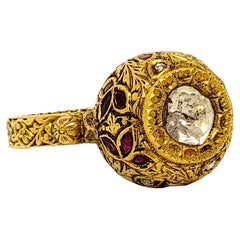 Antique 1.52 Carat Total Polki and Rose Cut Diamond Ring 21 Karat Yellow Gold Ornate