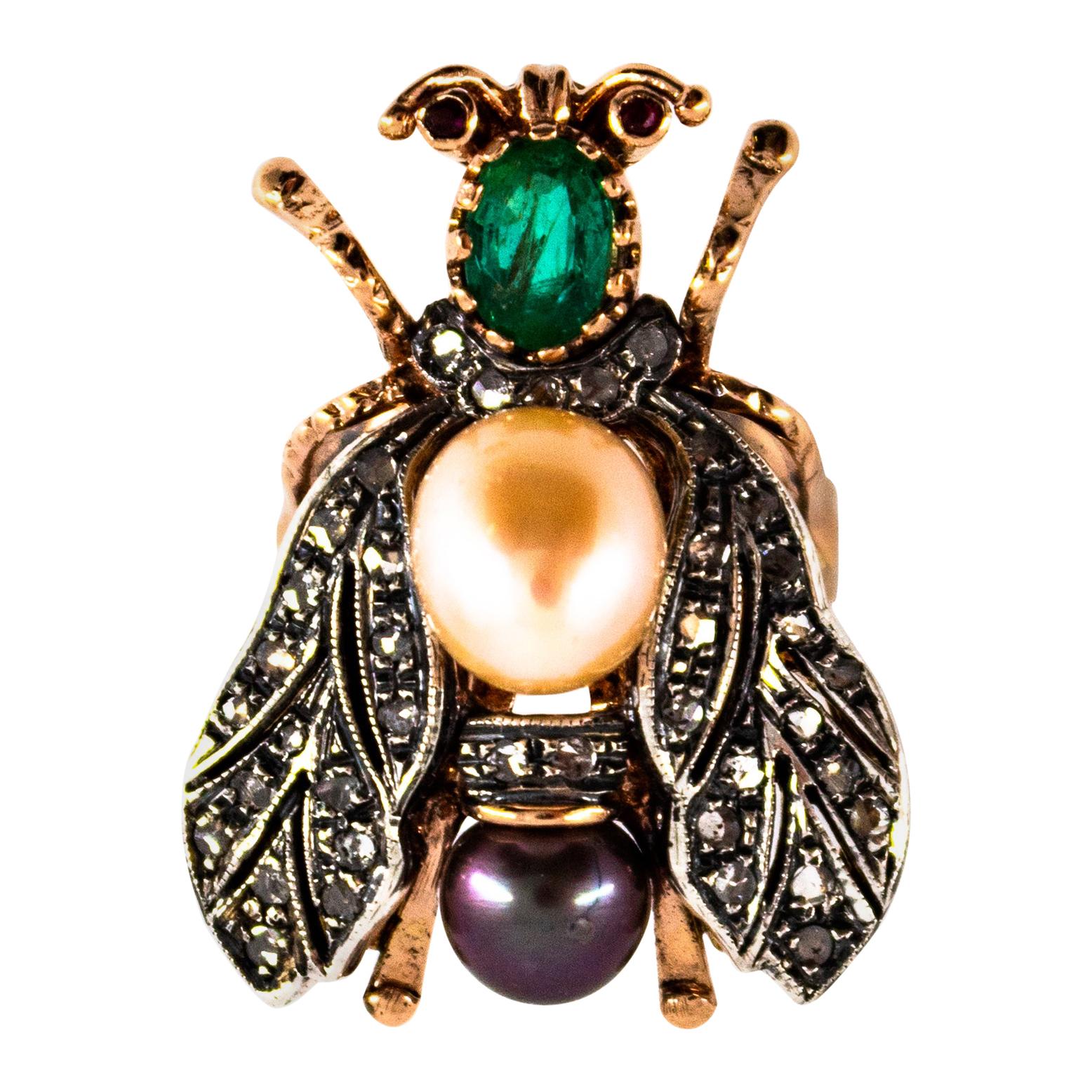 1.52 Carat White Diamond Emerald Ruby Pearl Yellow Gold Cocktail "Cicada" Ring