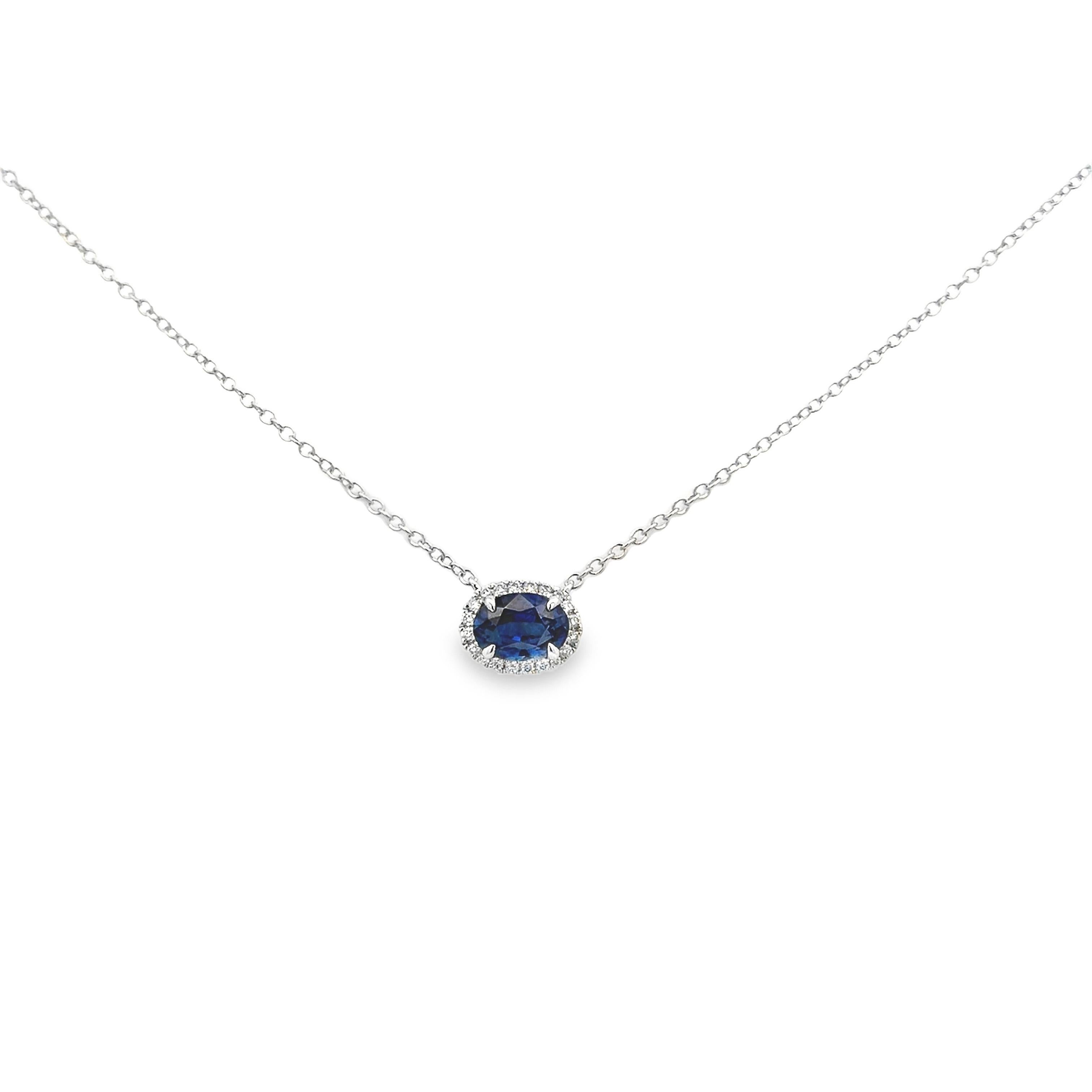 Contemporary Roman Malakov 1.52 Carats Oval Cut Sapphire & Diamond Halo Pendant Necklace For Sale