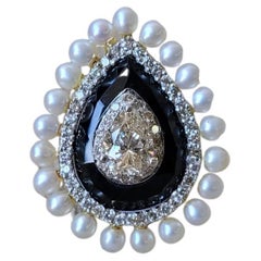 1.52 Carats Pear Diamond, Black Onyx & Pearl Art Deco Style Engagement Ring