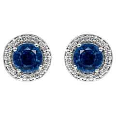 1.52 Carats Total Round Cut Royal Blue Sapphire and Diamond Halo Stud Earrings