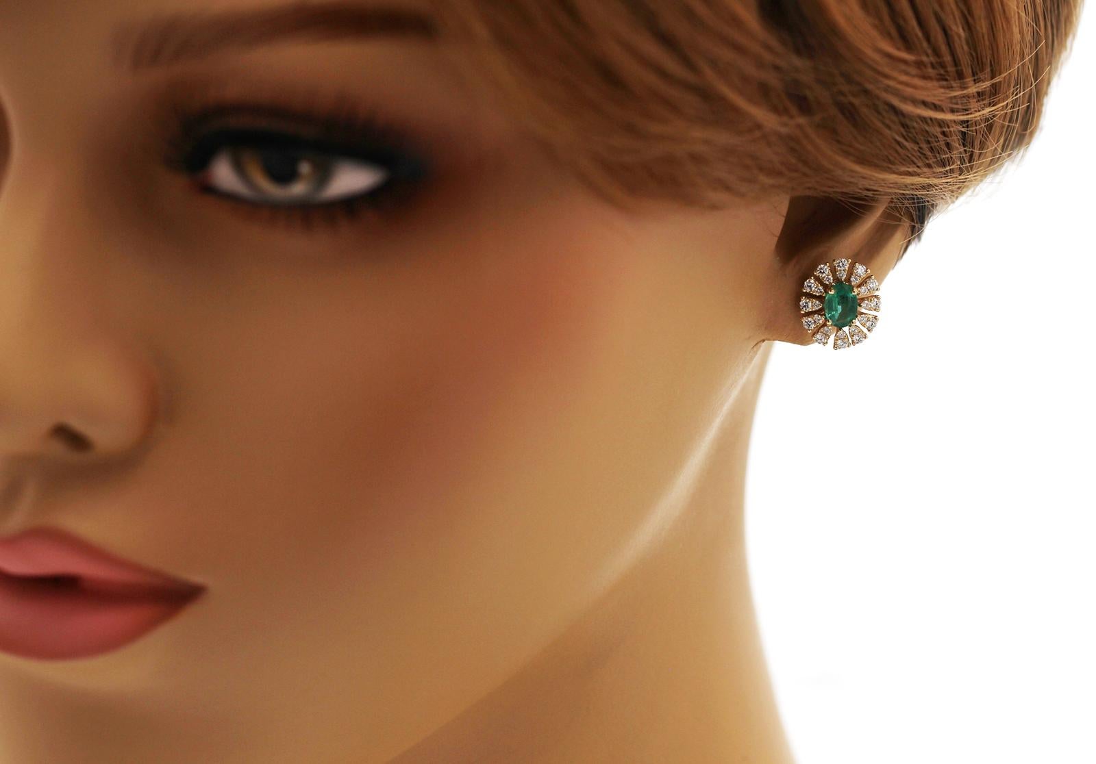 Round Cut 1.52 CT Colombian Emerald & 0.75 CT Diamonds 14K White Gold Stud Earrings For Sale