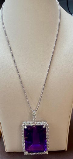 152 Ct Emerald Cut Amethyst & 10 Ct Diamond Pendant Necklace 14KW Gold + Chain
