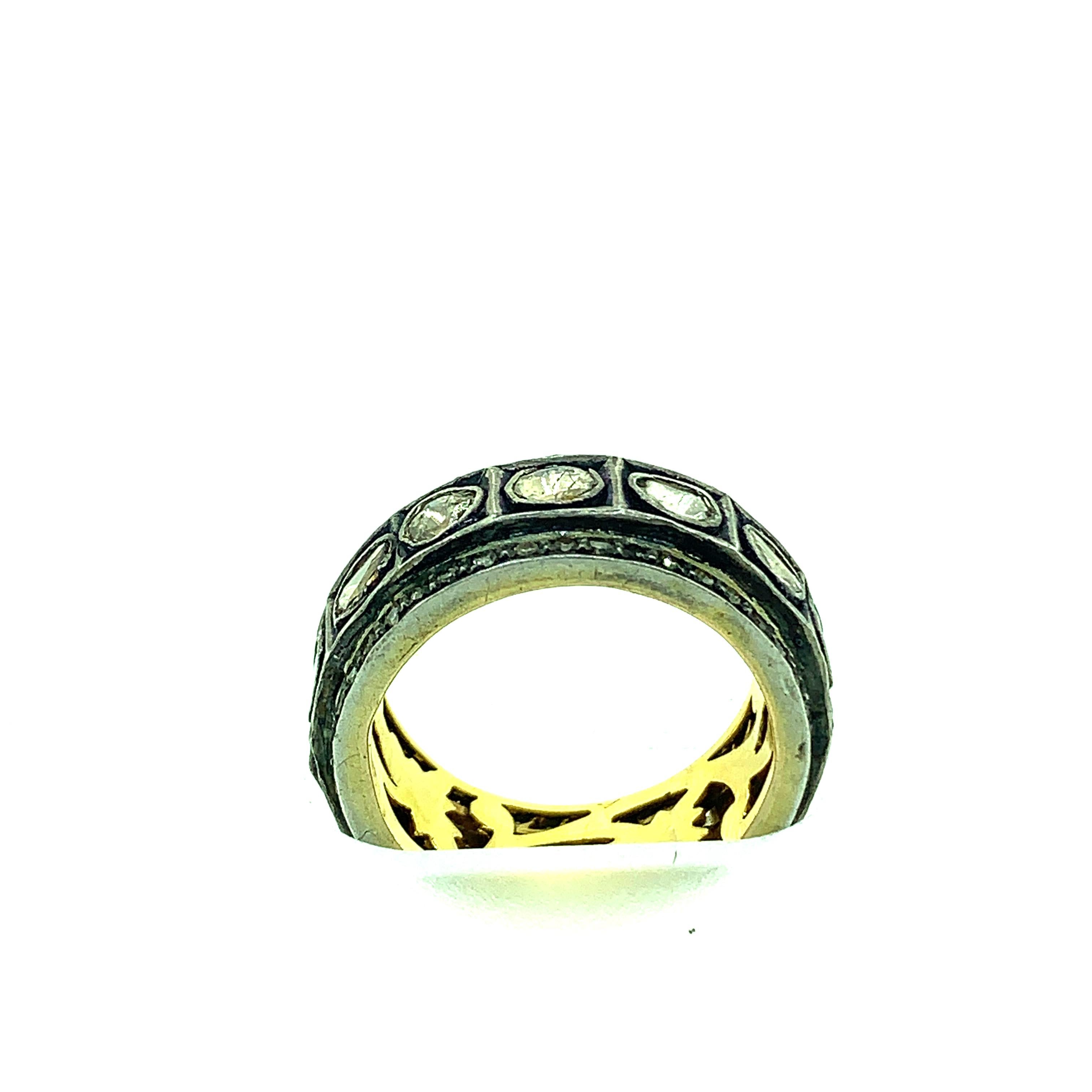 1.52 ct Old Mine Cut (Polki Diamond) Ring Band set in Oxidized Sterling Silver and 14K pure Gold. The ring band is neatly carved on the inside with 14KT Pure Gold and on the front we have a line of old mine cut diamonds surrounded by a line of pave