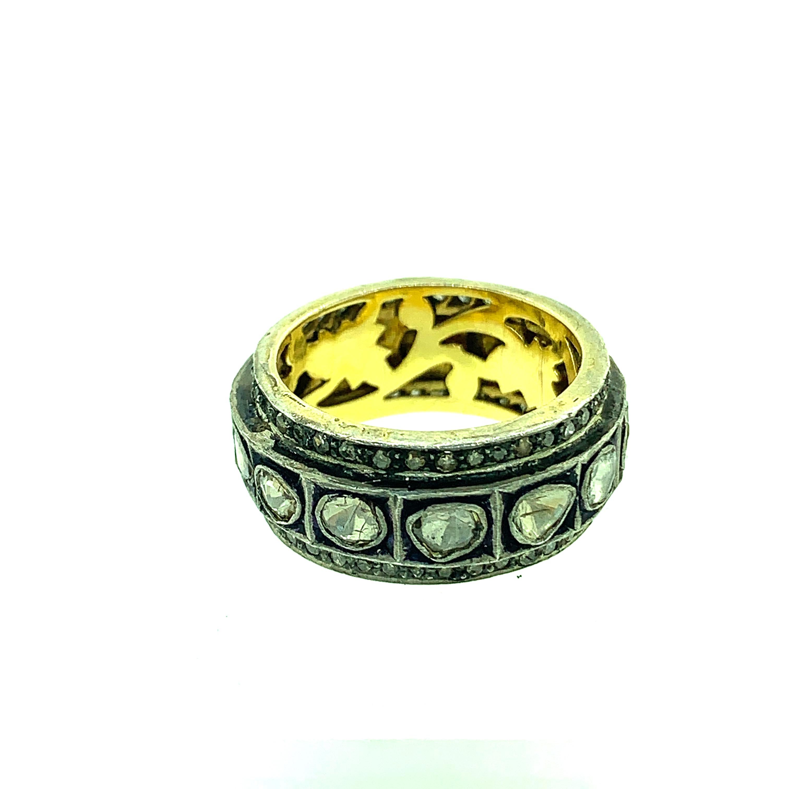 Contemporary 1.52Ct Old Mine Cut 'Polki Diamond' Ring Band Oxidized Sterling Silver, 14K Gold For Sale