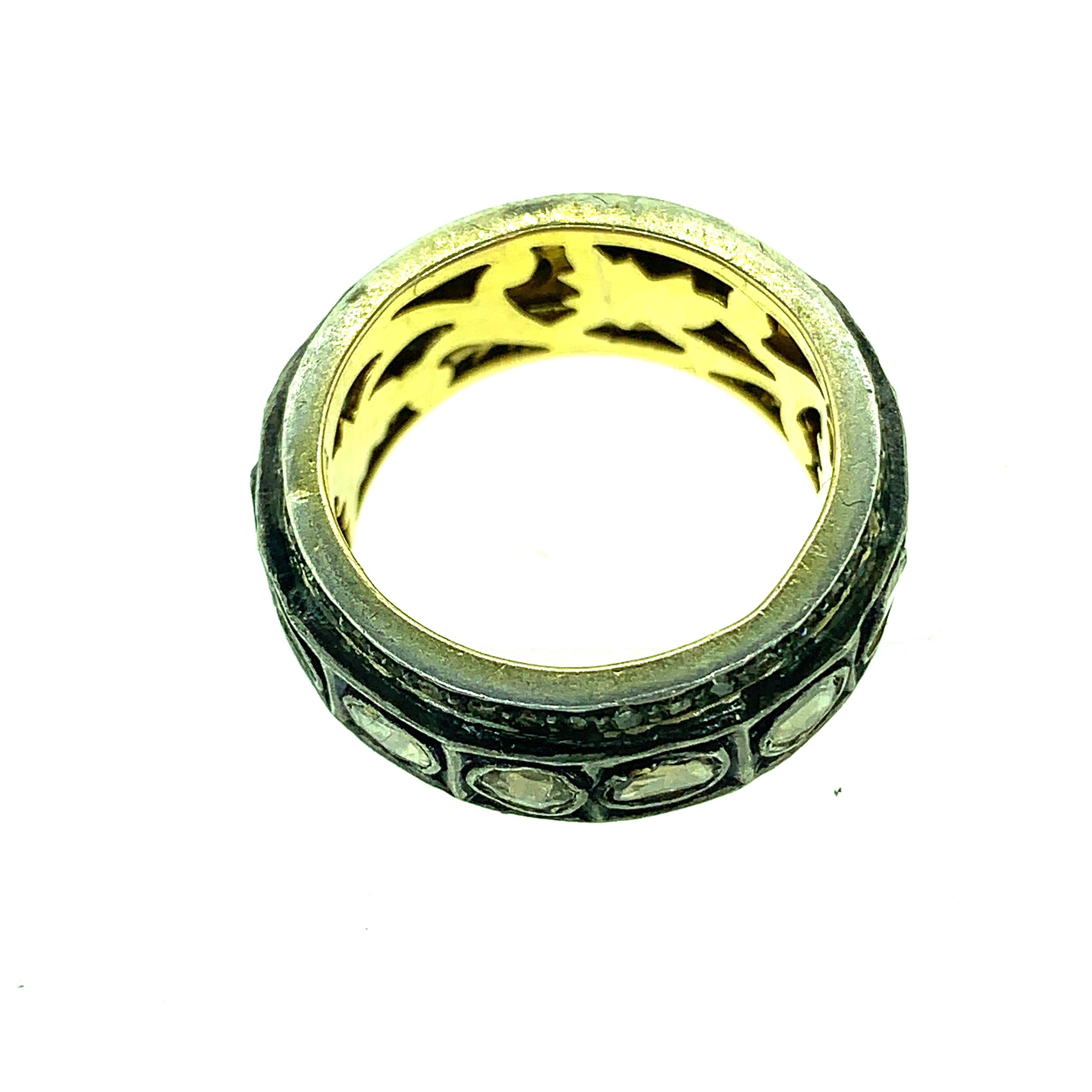 Women's or Men's 1.52Ct Old Mine Cut 'Polki Diamond' Ring Band Oxidized Sterling Silver, 14K Gold For Sale
