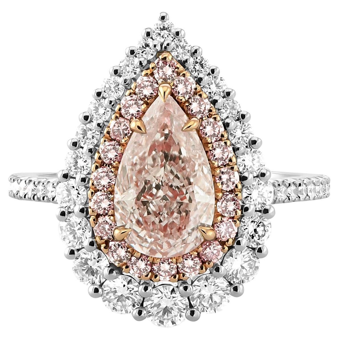 Anello a doppio anello con diamante a pera marrone rosato chiaro da 1,52 carati certificato GIA