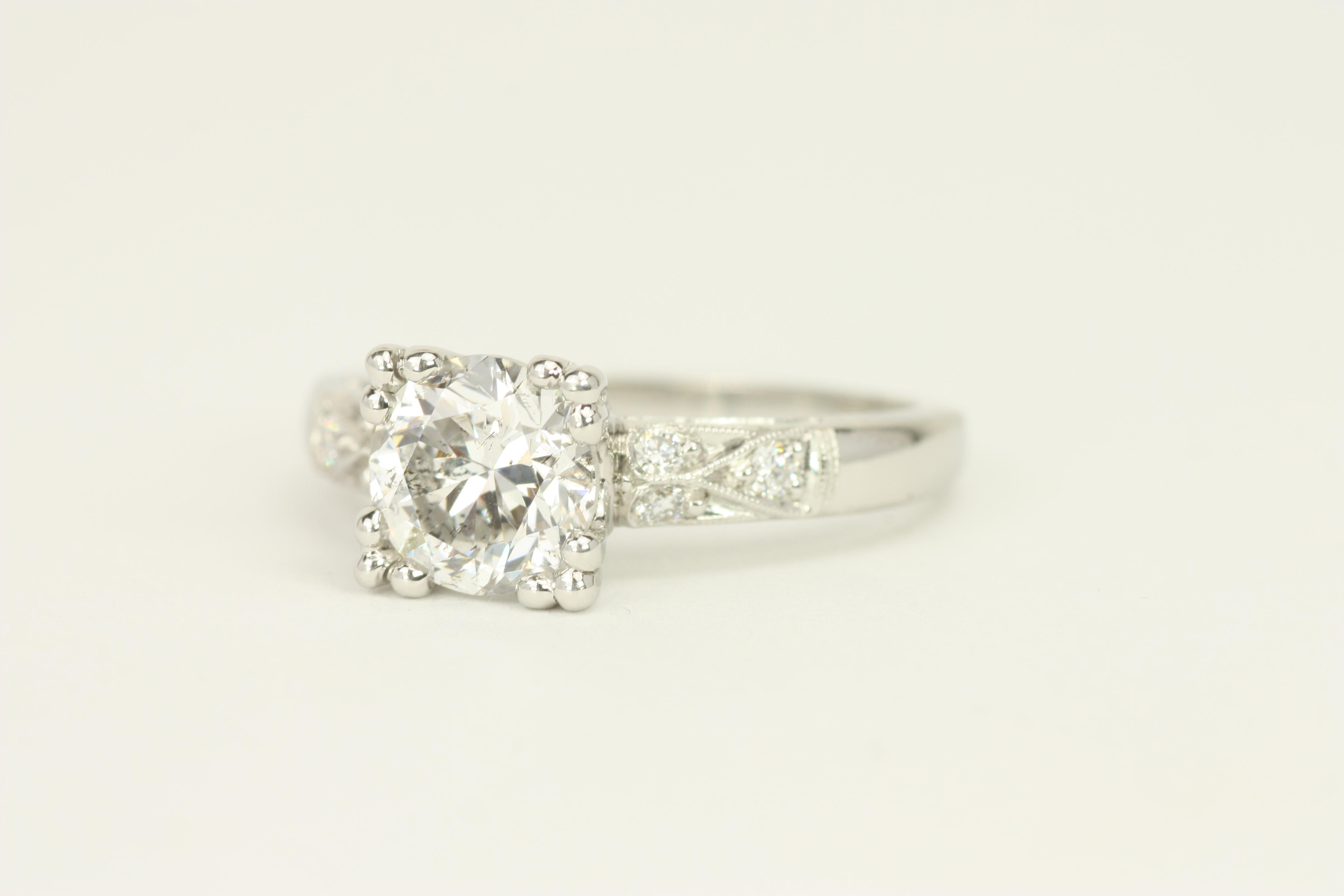 1.52 Total Carat Round Diamond 1950s-Inspired Platinum Engagement Ring For Sale 2