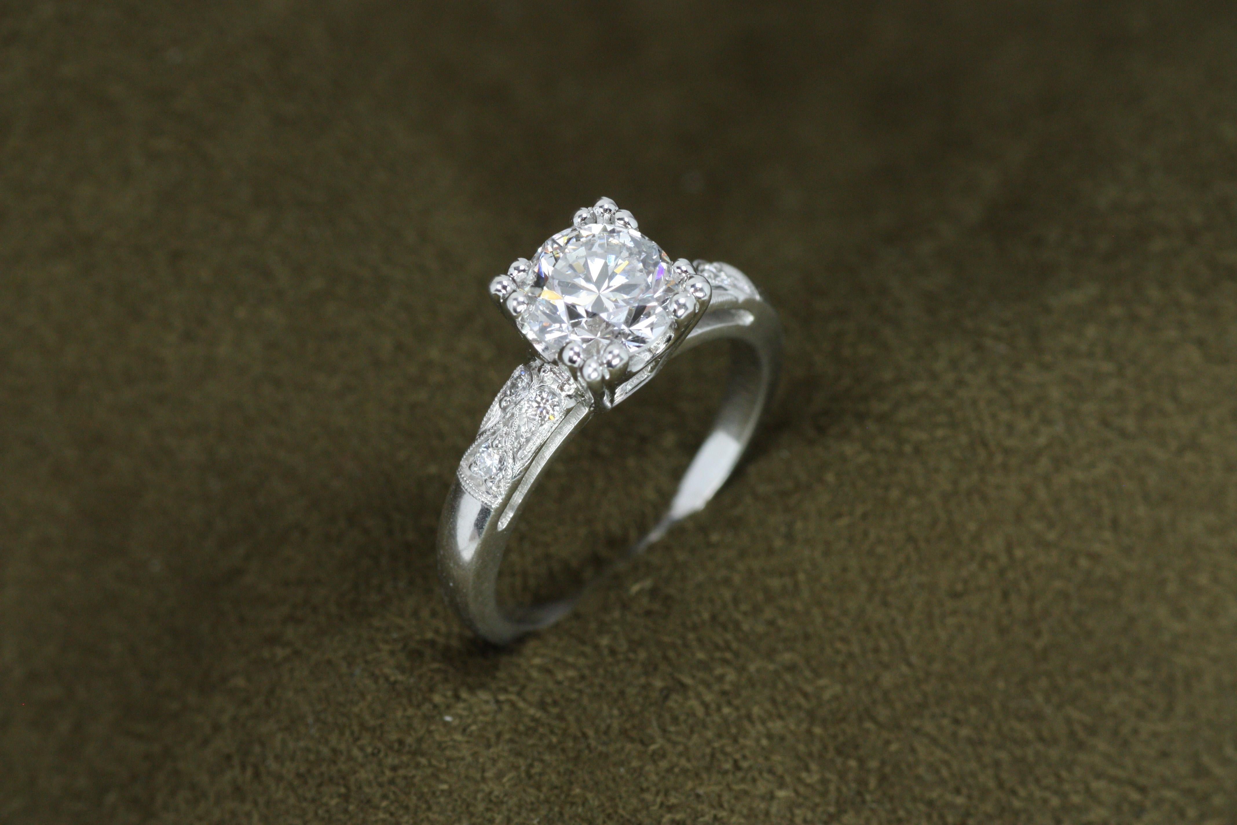 1.52 Total Carat Round Diamond 1950s-Inspired Platinum Engagement Ring In New Condition For Sale In Santa Monica, CA