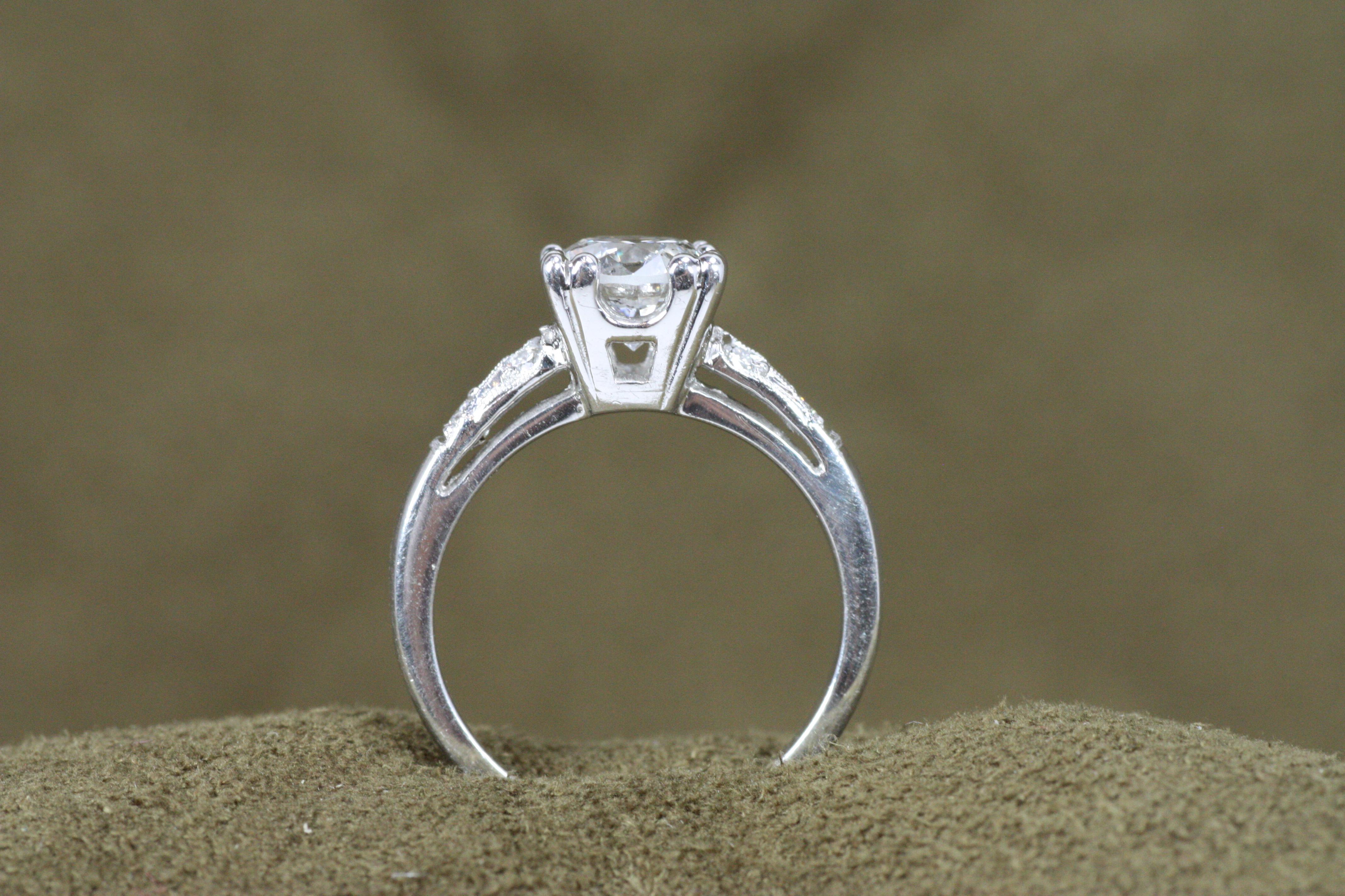 1.52 Total Carat Round Diamond 1950s-Inspired Platinum Engagement Ring For Sale 1