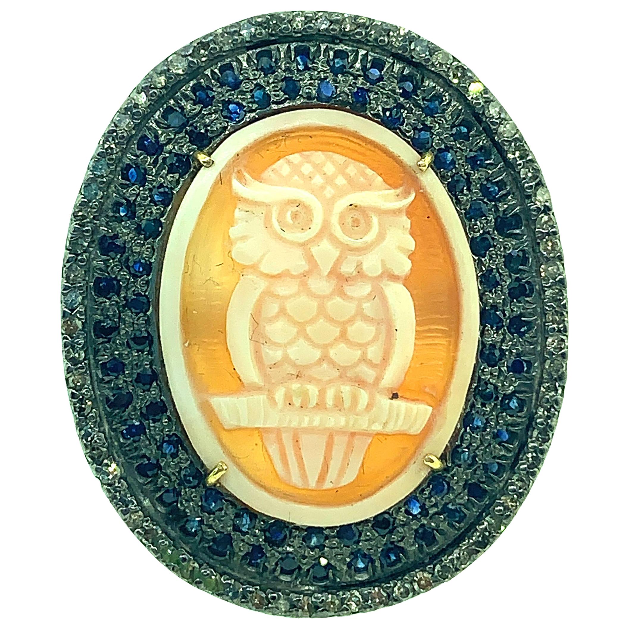 15.20 Carat Diamond, 1.40 Carat Sapphire, Owl Cameo Sterling Silver 14K Gold For Sale