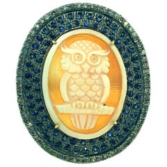 15.20 Carat Diamond, 1.40 Carat Sapphire, Owl Cameo Sterling Silver 14K Gold