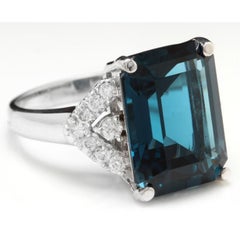 15.20 Carat Natural Impressive London Blue Topaz and Diamond 14K White Gold Ring