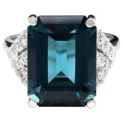 15.20 Carat Natural Impressive London Blue Topaz and Diamond 14K White Gold Ring
