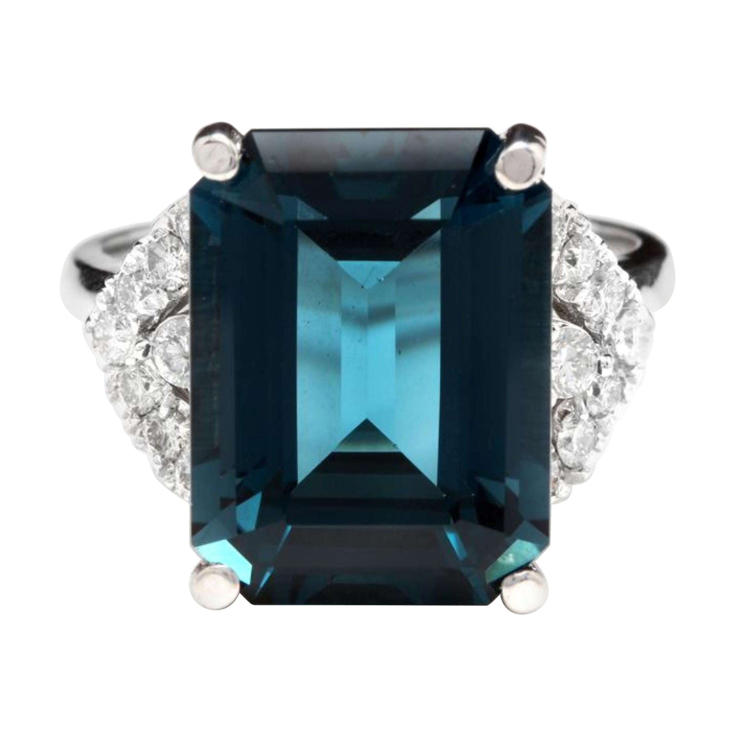 15.20 Carat Natural Impressive London Blue Topaz and Diamond 14K White Gold Ring For Sale