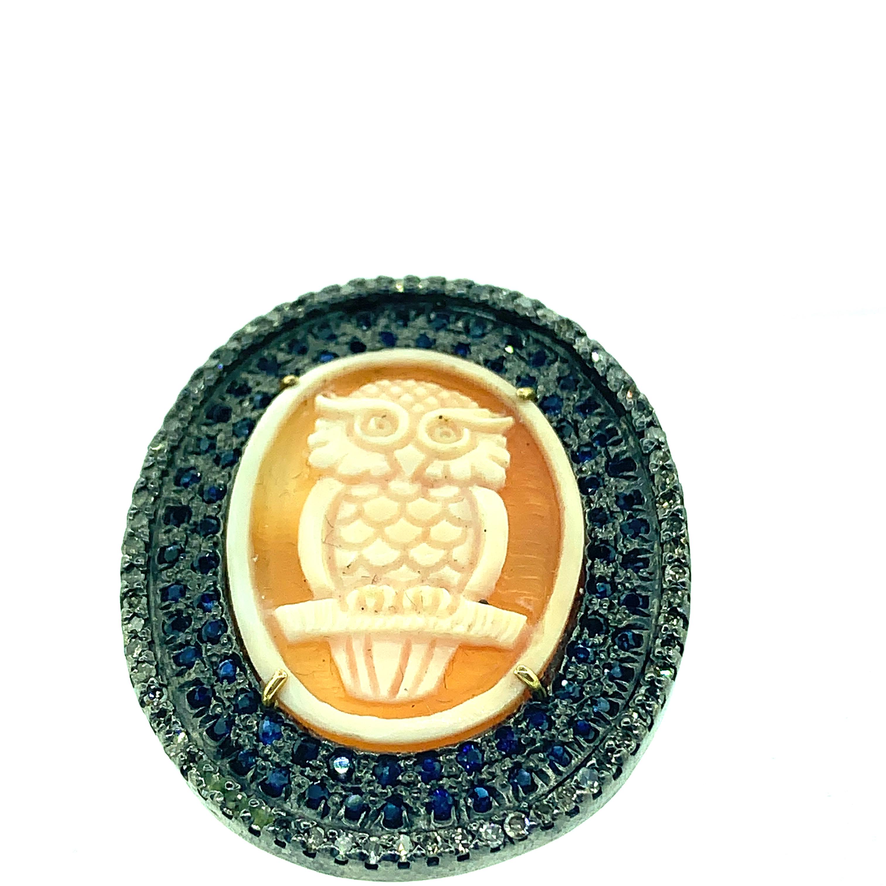 15.20 Carat Diamond, 1.40 Carat Sapphire, Owl Cameo Sterling Silver 14K Gold In New Condition For Sale In New York, NY