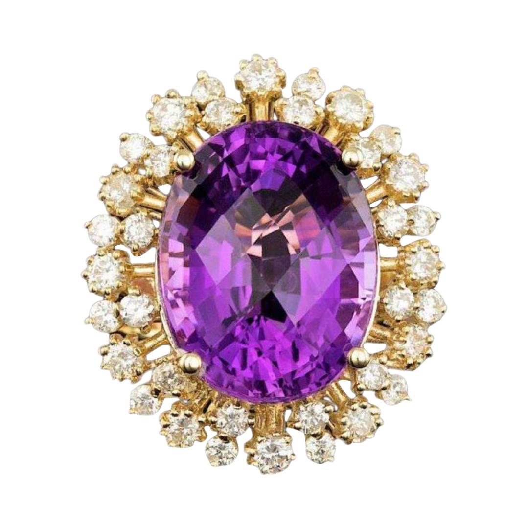 15.20 Carats Natural Amethyst and Diamond 14k Solid Yellow Gold Ring For Sale