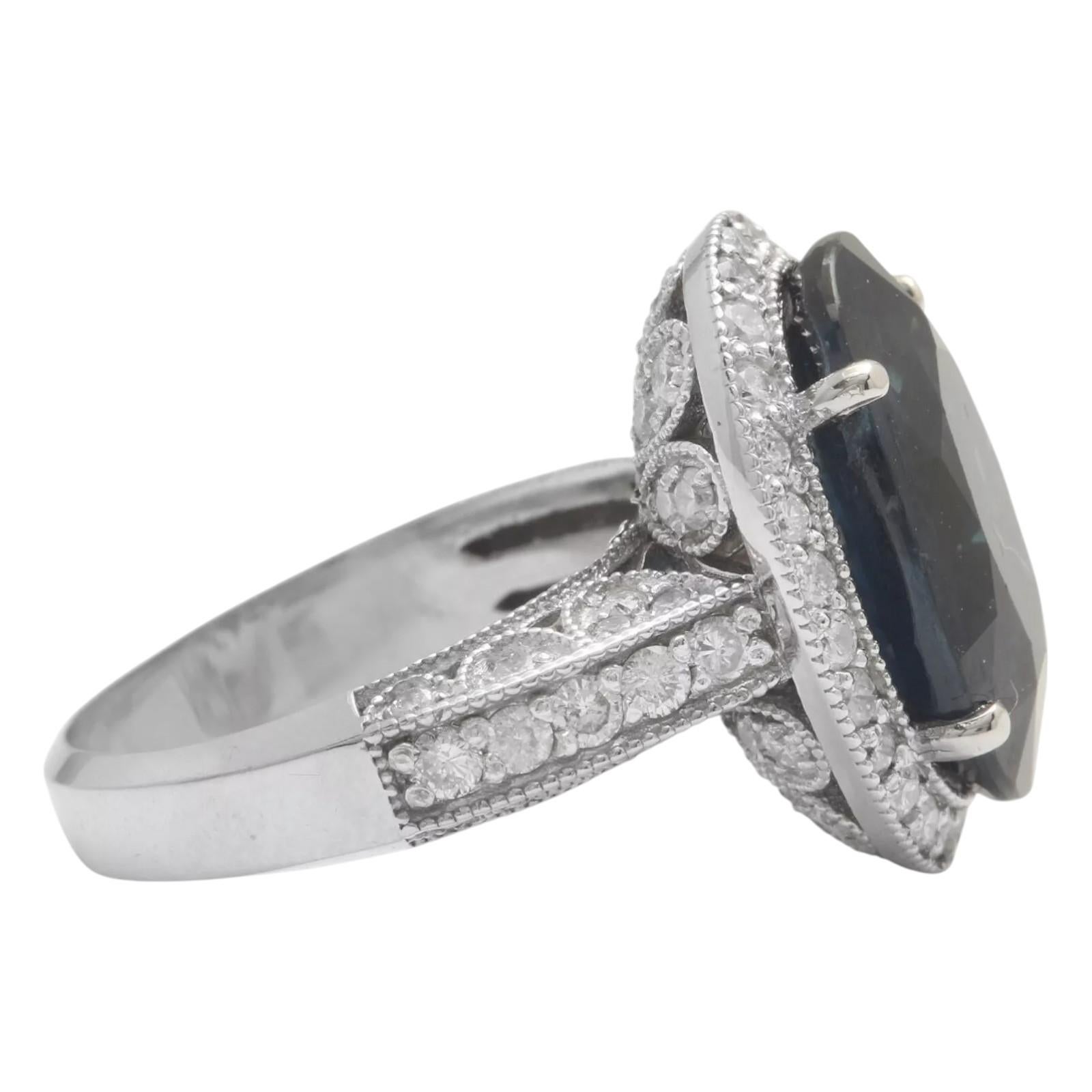 Mixed Cut 15.20 Carats Natural Sapphire and Diamond 14K Solid White Gold Ring For Sale