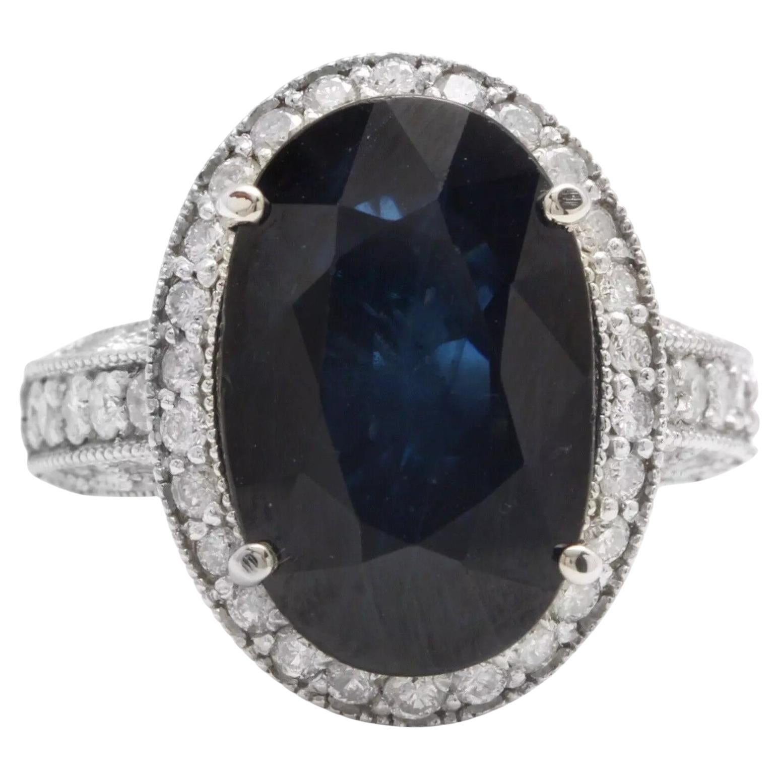 15.20 Carats Natural Sapphire and Diamond 14K Solid White Gold Ring For Sale