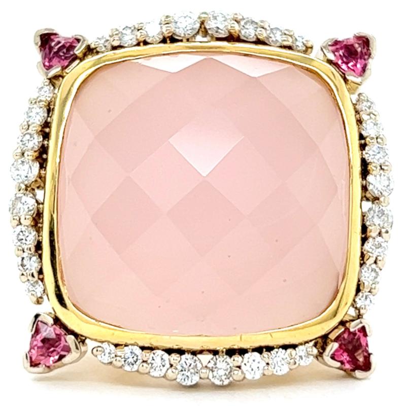 Women's or Men's 15.20 Carats Rose Quartz Diamond Pink Tourmaline 18K Yellow Gold Cocktail Ring