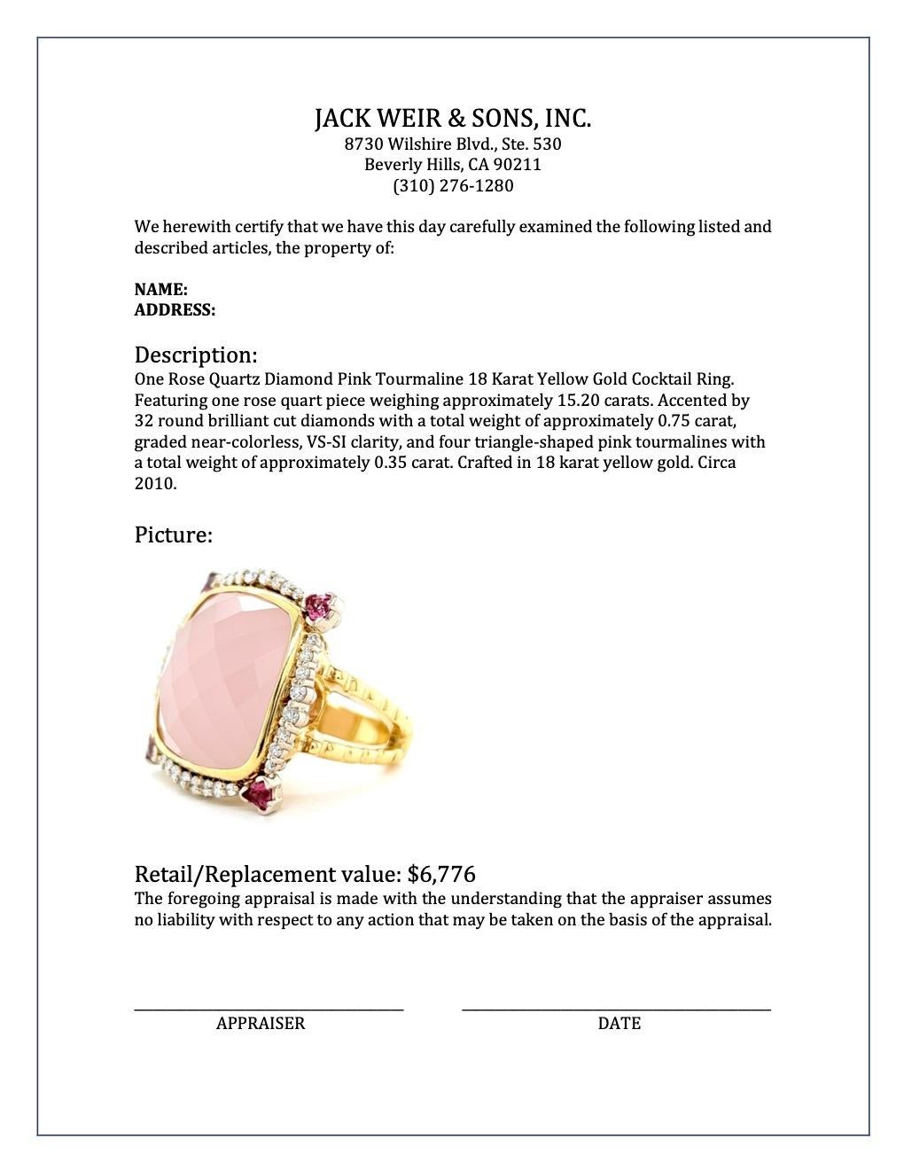 15.20 Carats Rose Quartz Diamond Pink Tourmaline 18K Yellow Gold Cocktail Ring 2