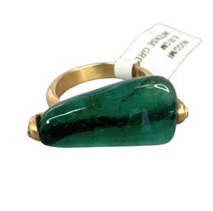 15.20 ctw Mid-Century Style Diamond & Cabochon Emerald 18K Yellow Gold Ring