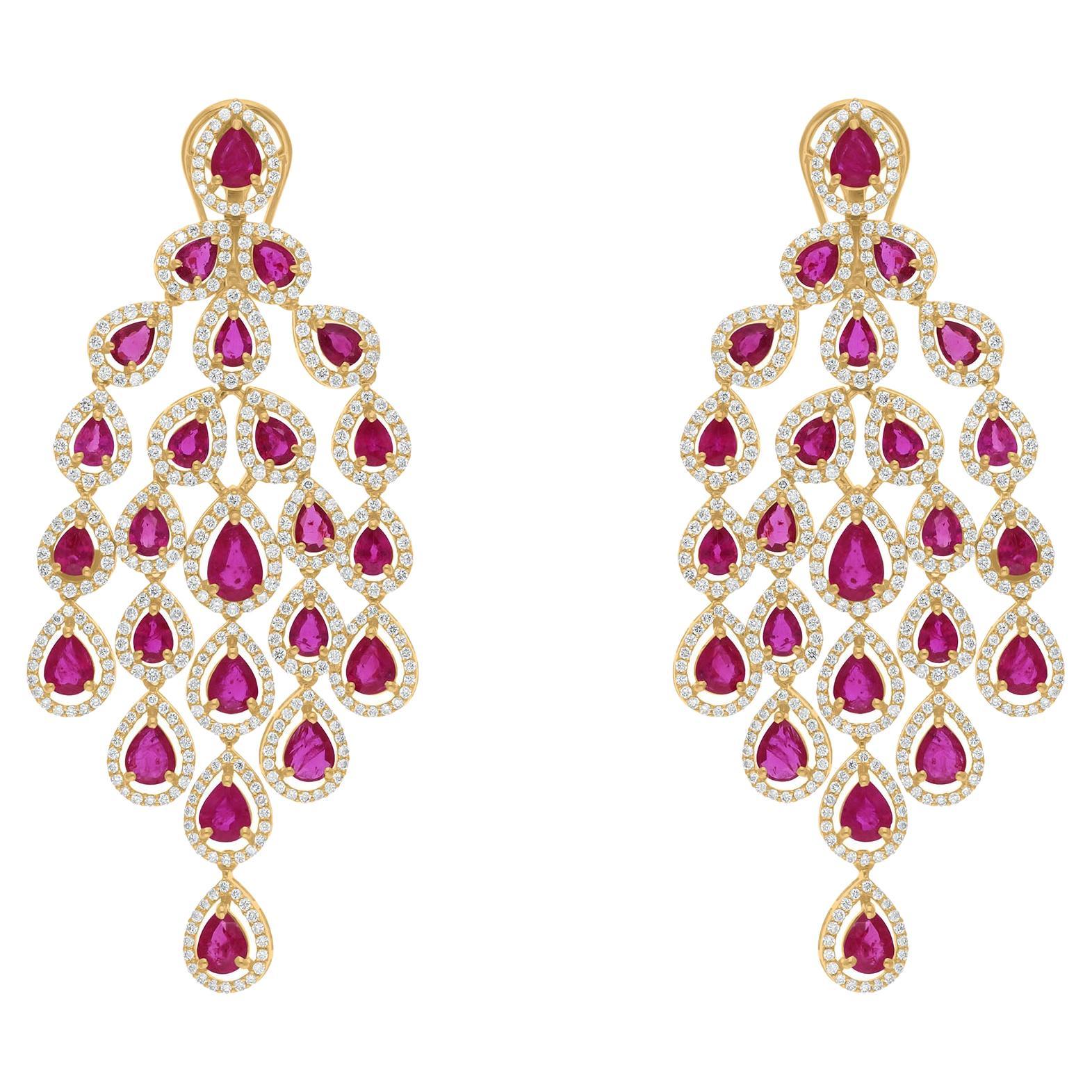 15.23Tcw Natural Ruby Halo Diamond Chandelier Drop Earrings 18 Carat Yellow Gold