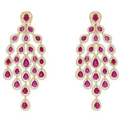 15.23Tcw Natural Ruby Halo Diamond Chandelier Drop Earrings 18 Carat Yellow Gold