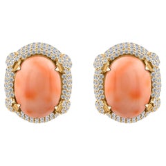15.25 Carat Coral Gemstone 2.13 Carat SI/H Diamond Earrings 18 Karat Yellow Gold