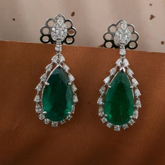 15.25 Carat Zambian Emerald and 2.01 Carat Diamond 18K White Gold Drop Earrings