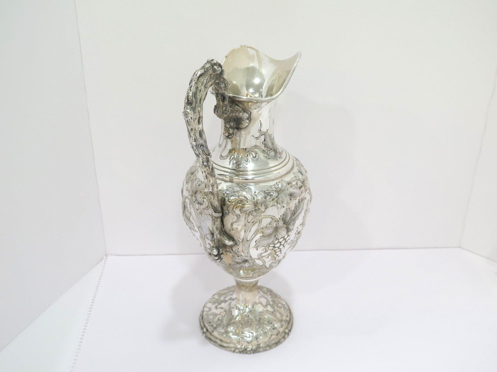 Sterling Silver Schofield Antique Grapevine Repousse & Handle Pitcher In Good Condition For Sale In Brooklyn, NY