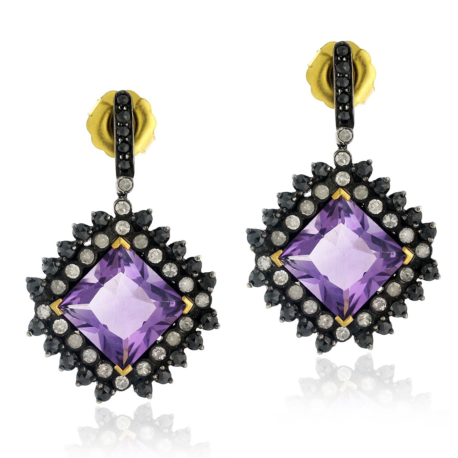Modern 15.25cts Amethyst Drop Earring with Black and White Diamond in Silver and Gold For Sale