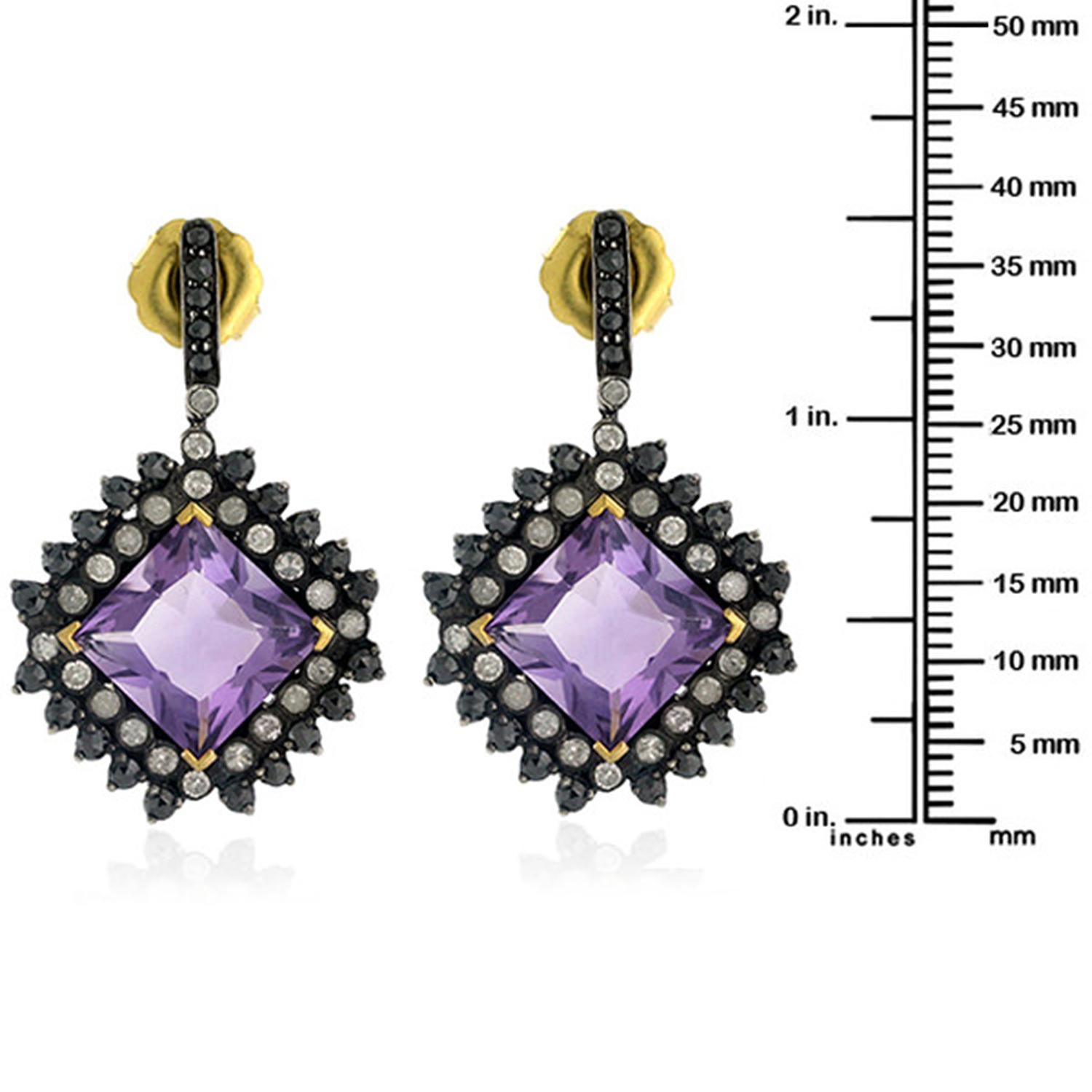 Mixed Cut 15.25cts Amethyst Drop Earring with Black and White Diamond in Silver and Gold For Sale