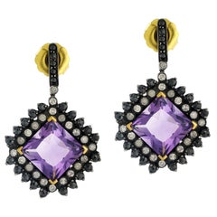 Boucles d'oreilles en goutte en argent et or avec améthyste de 15,25 carats et diamants noirs et blancs