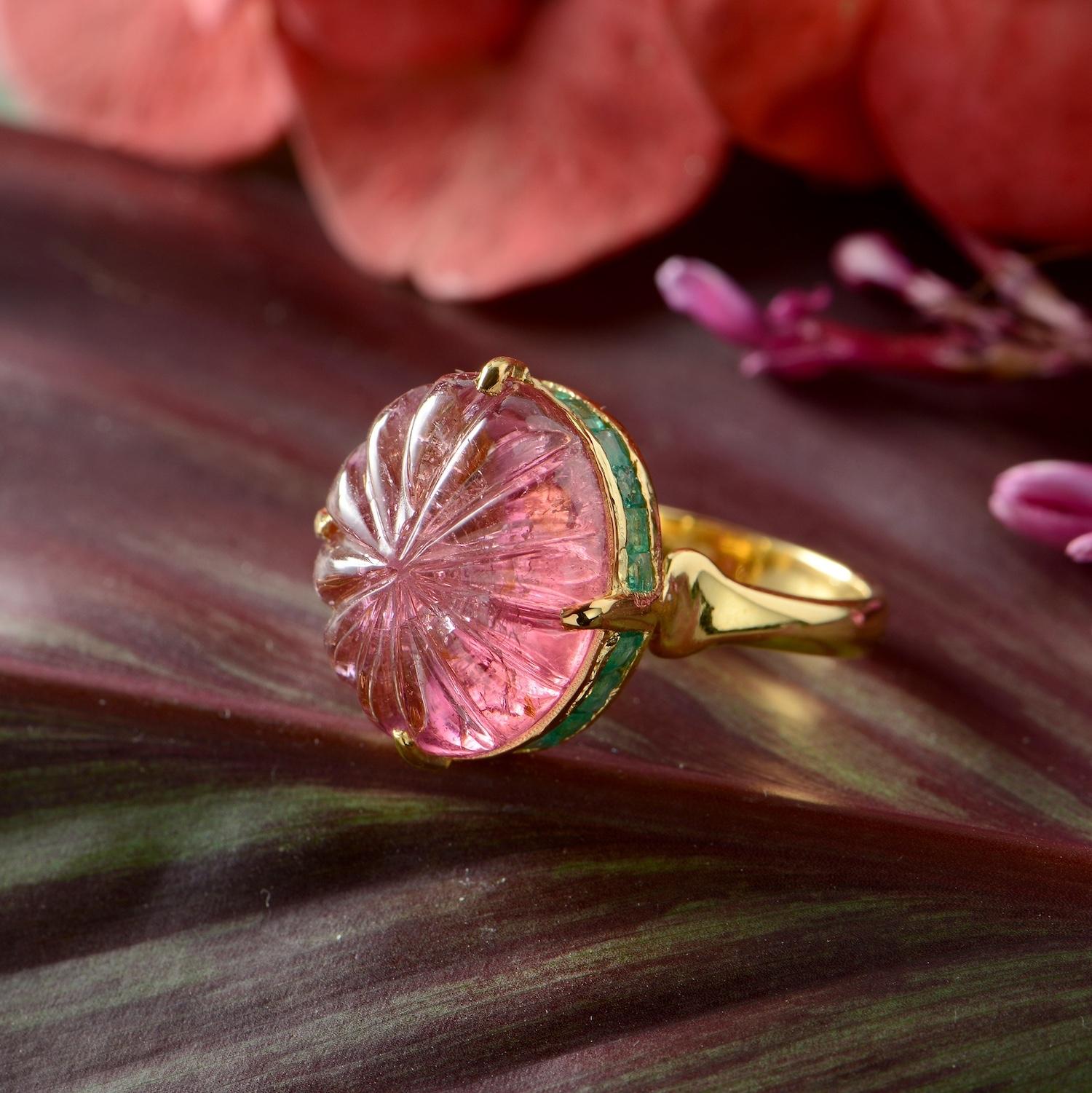 Artisan 15.25k Pink Tourmaline Emerald 18k Gold Cocktail Ring For Sale