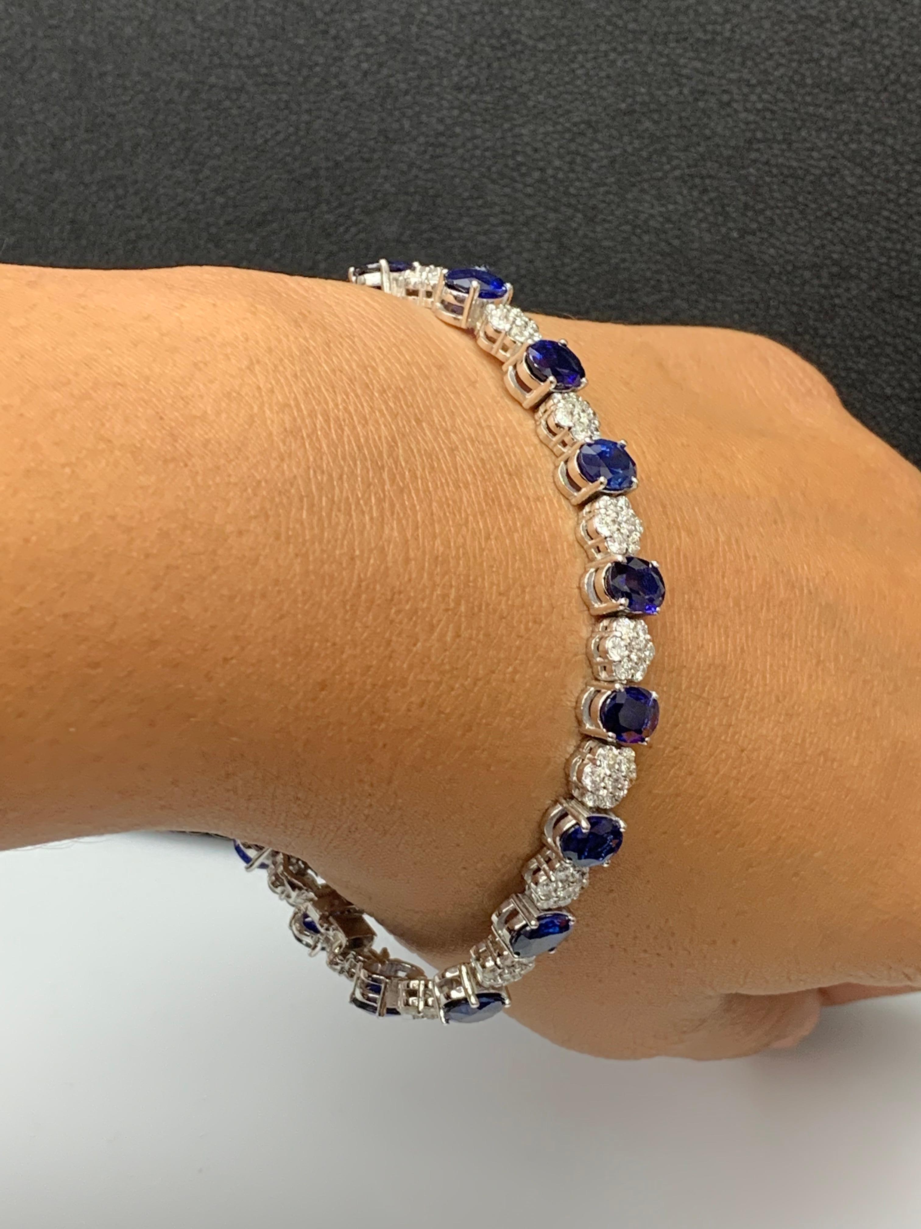 15.26 Carat Oval Cut Blue Sapphire and Diamond Tennis Bracelet in 14K White Gold For Sale 4